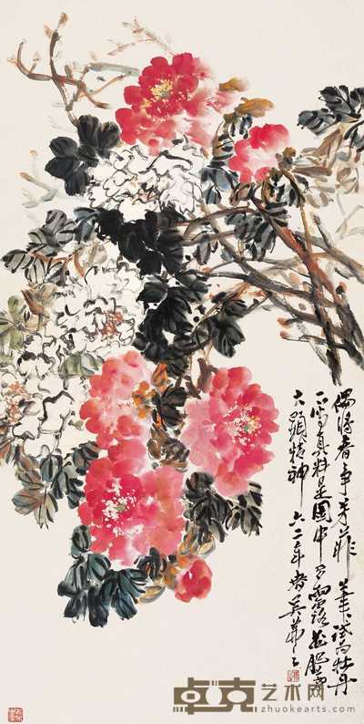 吴茀之 1962年作 富贵图 立轴 138×69.5cm